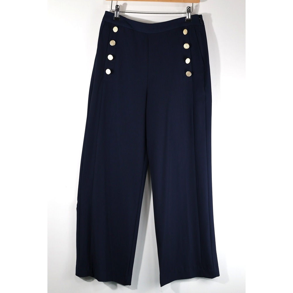 DKNY Womens Navy Blue Sailor Wide Leg Pants Gold Logo Button Trousers